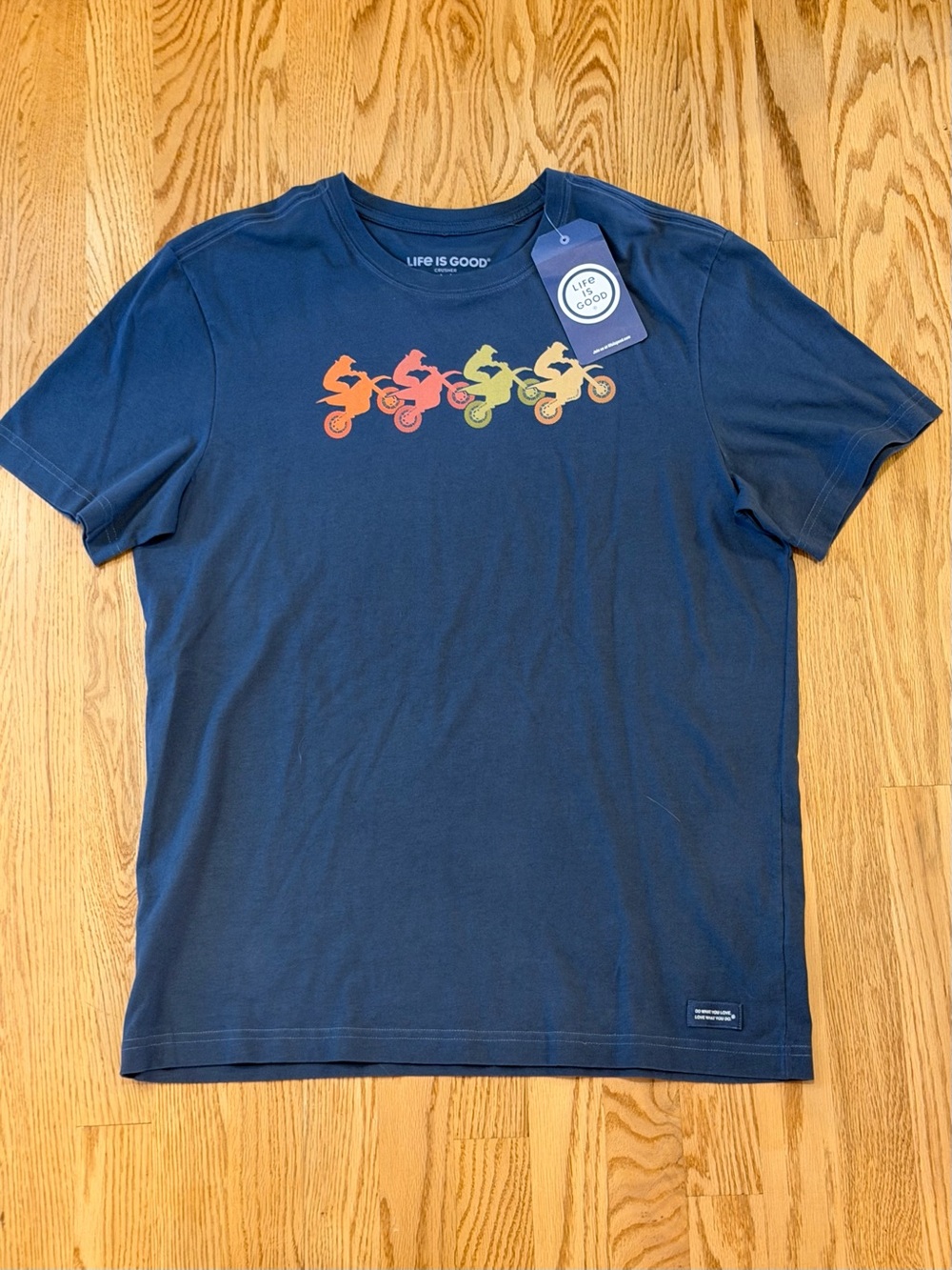 Life Is Good Navy Short Sleeve Tee with Colorful Motorcycle Row
